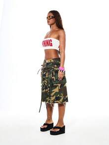SUMWON WOMEN Strapless Bandeau Tube Top With Bold Slogan Print And Raw Edge Hem Detail For Summer Festival - White - View 6