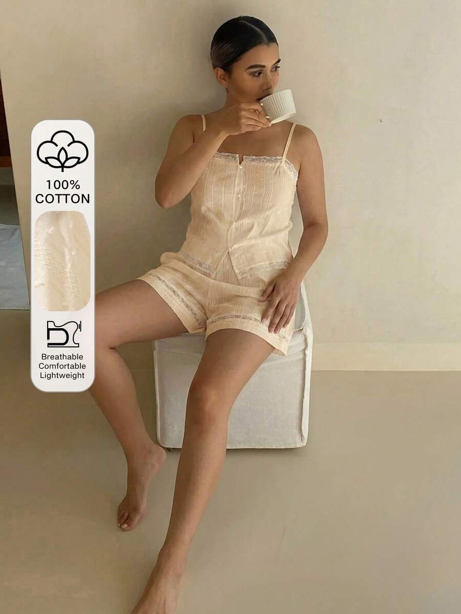DAZY 2件組蕾絲拼接無袖背心開襟衫與寬鬆直筒短款睡褲夏季女款睡衣套裝 - 黃色 - 查看 1