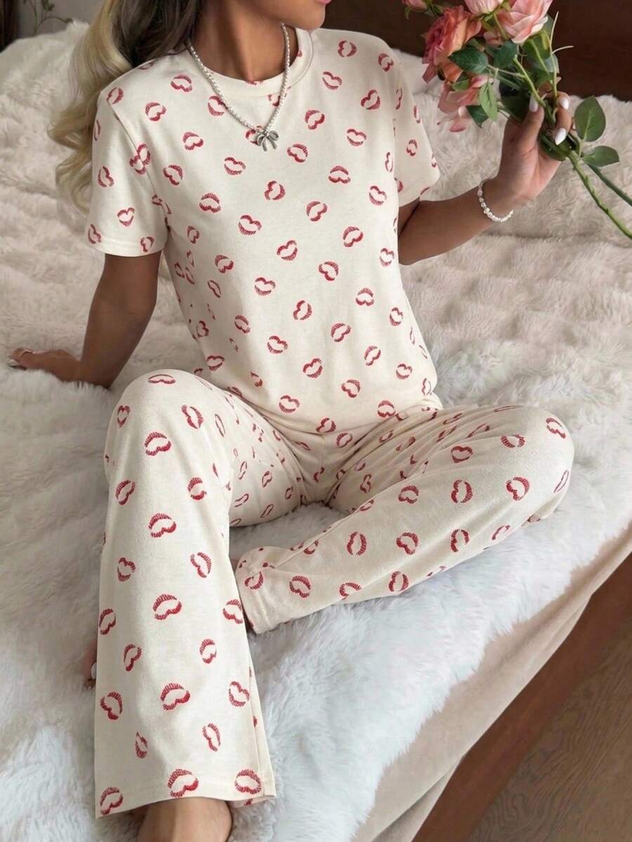 SHEIN Conjunto de pijama con estampado de besos en toda la prenda y pantalón de pierna ancha - Blanco - Ver 1