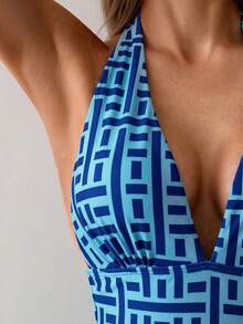 Swim Lushoire 女款條紋拼色抓皺掛脖綁帶連身泳衣 - 彩色 - 查看 5