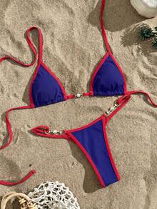 Swim Vcay Bikini de micro triángulo con cuello halter y ribete acanalado para mujer, traje de baño de verano para la playa - Multicolor - Ver 3