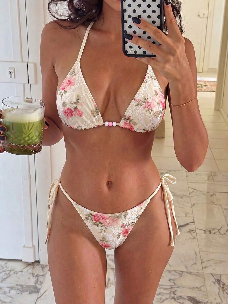 Swim Vcay Women's Elegant Low Rise Tropical White Lace Printed Halter Neck Triangle Top, Tie Side Bottom Swimsuit Set, Summer, Casual, Beach Vacation, Holiday - Multicolor - View 1