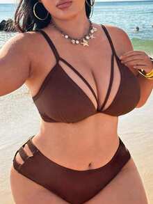 Swim SXY Atasan Bikini Seksi Warna Polos untuk Wanita Ukuran Besar, Cocok untuk Liburan Pantai di Musim Panas - Coklat - View 3
