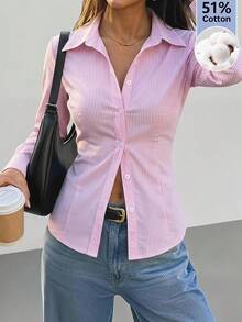 SHEIN EZwear 灰粉色條紋梭織女款襯衫 辦公室秋季優雅風 - 粉色 - 查看 3