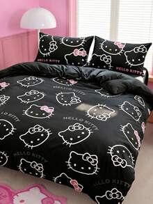 HELLO KITTY AND FRIENDS | SHEIN 3件組可愛卡通印花被套組，磨砂材質，柔軟保暖，多尺寸可選，適用單人床/雙人床/加大雙人床/特大雙人床 - 黑粉色 - 查看 2