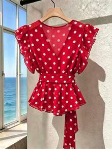 SHEIN Franclia Women's French Polka Dot V-Neck Premium Mesh Sleeveless Blouse, Fashionable Tie-Up Flutter Sleeve Chiffon Tank Top - Red - View 2