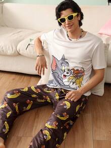 Chillnights TOM & JERRY X SHEIN 男士卡通印花圓領短袖上衣與長褲居家休閒套裝 - 彩色 - 查看 4
