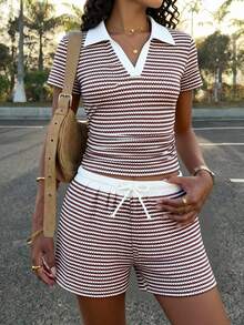 SHEIN Teen Girl Striped Color Block V-Neck Short Sleeve T-Shirt And Drawstring Waist Shorts Set - Multicolor - View 5