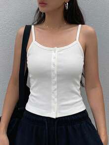 DAZY Top casual de verano de unicolor con botones delanteros y tirantes - Blanco - Ver 3