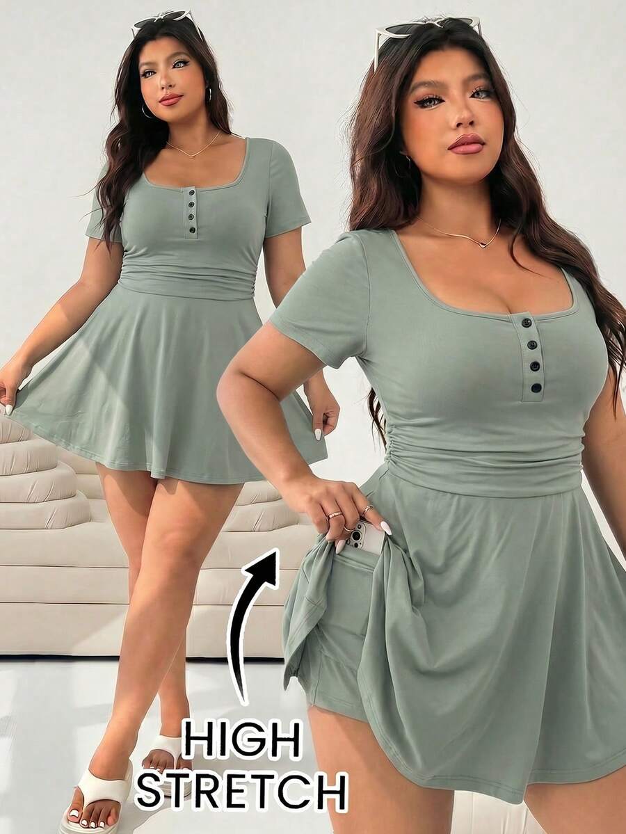 Solflare Mint Green Plus Size Women's Button Short Sleeve Pocket Jumpsuit Dress - Mint Green - View 1