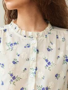 SHEIN 女款春夏荷葉領刺繡布料綁帶袖口長袖襯衫，優雅法式休閒上衣，適合日常穿著與通勤上班 - 杏色 - 查看 3