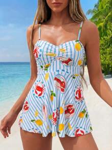 Vaclyn Women's Summer Beach Striped Crab Print Tankini Set - Multicolor - View 1