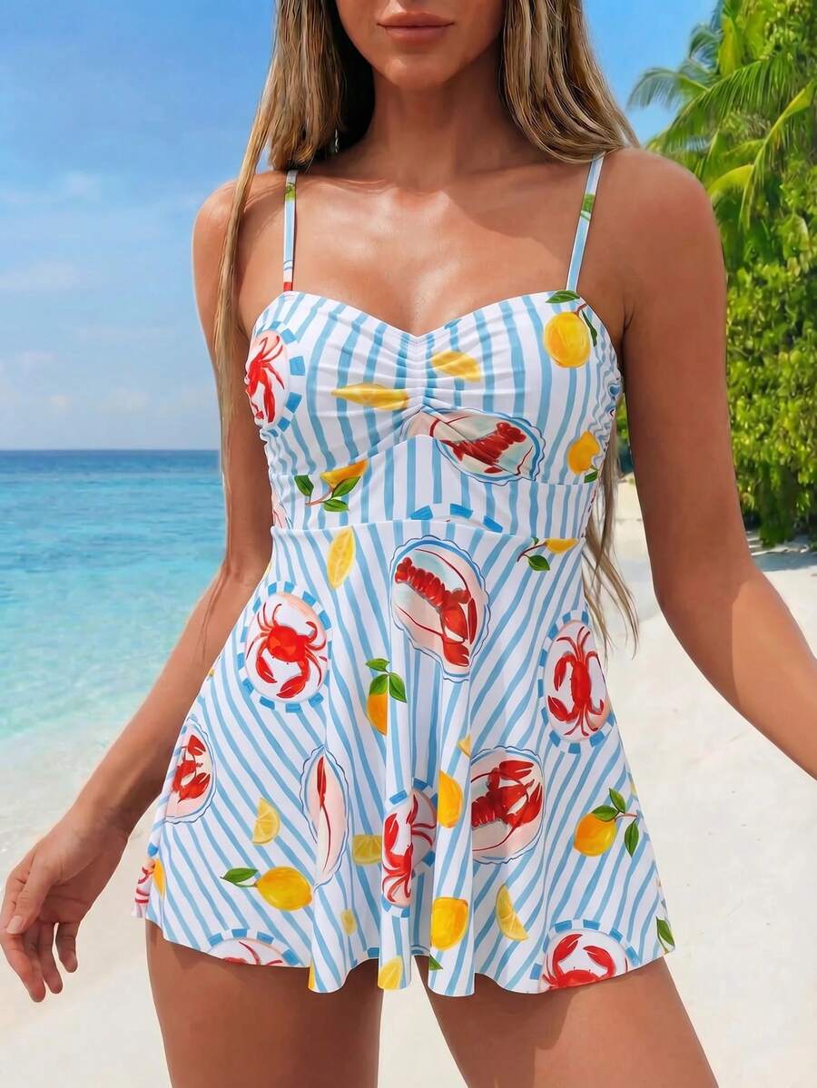 Vaclyn Women's Summer Beach Striped Crab Print Tankini Set - Multicolor - View 1