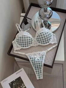 SHEIN MOD 2pcs/Set Fashionable Plaid & Lace Patchwork Lingerie Set For Girls - Multicolor - View 1