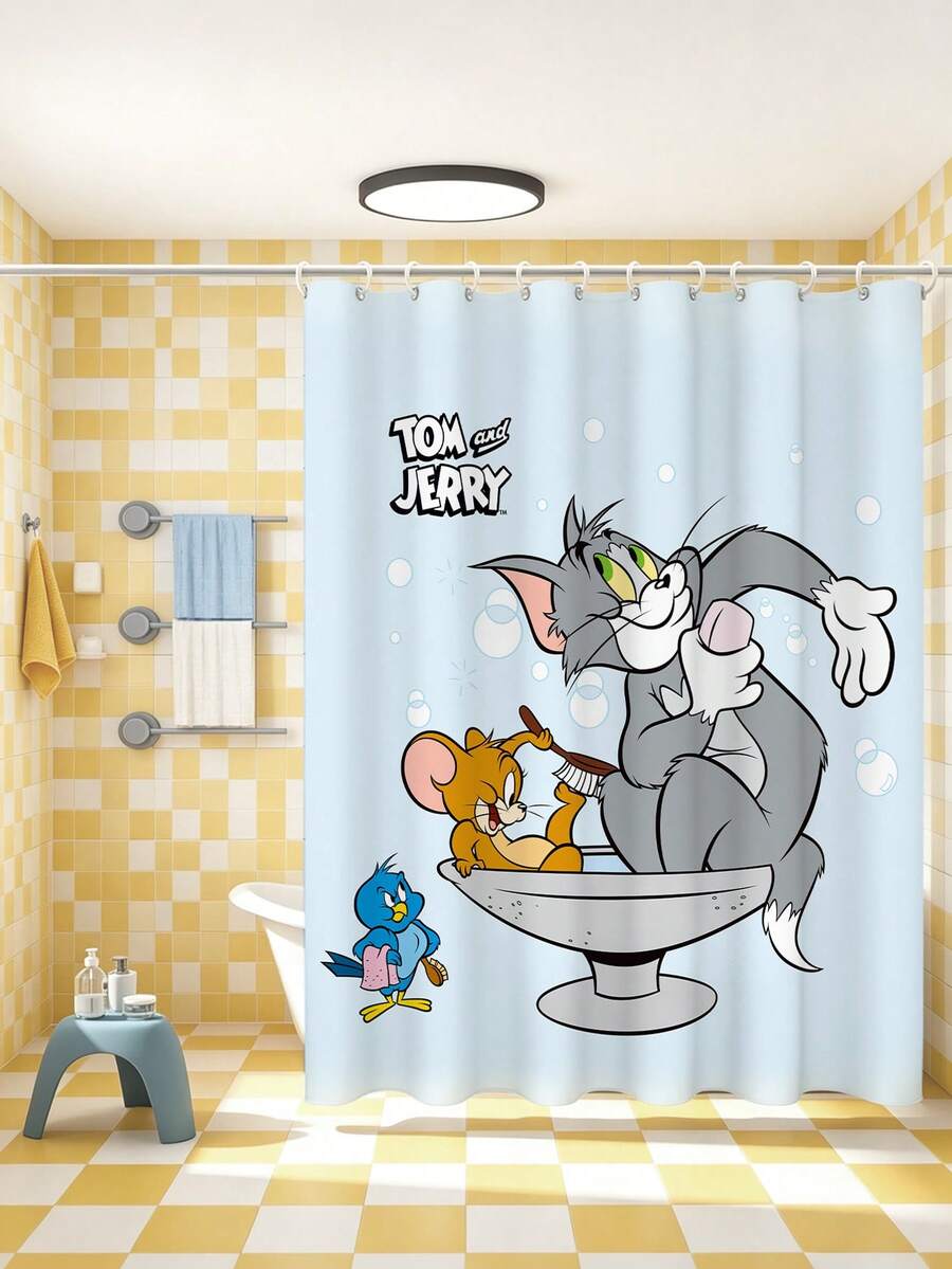 TOM & JERRY X SHEIN 1件裝 卡通圖案防水浴簾,適用浴室隔斷簾,附掛鉤,家用浴室裝飾浴簾,四季通用 - 多色 - 查看 1
