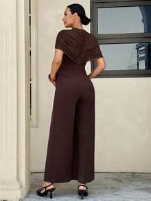 MaterniWear Maternity Solid Color Stand Collar Pleated Wide Leg Elegant Maternity Maternity Jumpsuit Baby Shower Photoshoot Summer Photoshoot - Brown - View 5