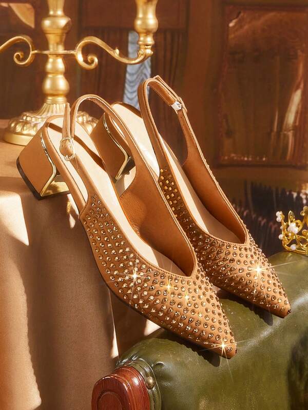 CUCCOO TILAWA Women's Shoes Thick Heel Rhinestone Rear Strap Muller High Heels