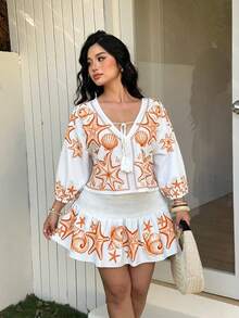 Sunnyshic Spring, Summer, Fall, New Heavy Design Tassel Bow, Elegant, Vacation, Design-Oriented Print Fabric Puff Long Sleeve Shirred Tie-Front Blouse Shirt Women, Paired With Ruched Waist Slimming Cake Skirt Two Pieces Set - Burnt Orange - View 5