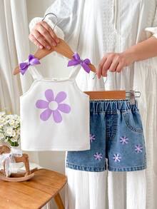 SHEIN Vintaside Kids 女嬰熱門櫻桃印花細肩帶上衣與短褲刺繡時尚套裝 - 白色 - 查看 4