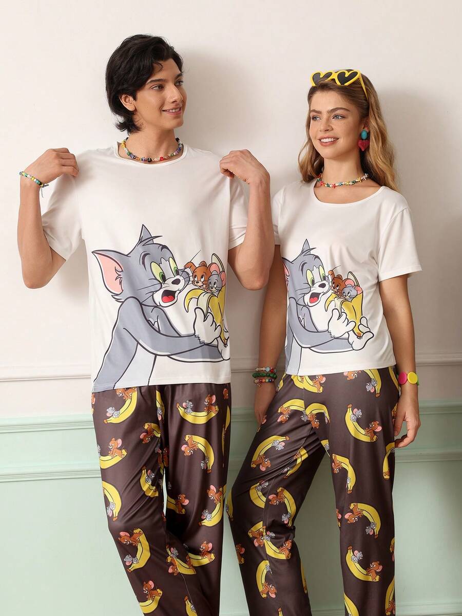 Chillnights TOM & JERRY X SHEIN 男士卡通印花圓領短袖上衣與長褲居家休閒套裝 - 彩色 - 查看 1