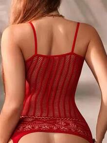 ChaseTheNight Women's Sexy Lingerie Bodystocking | Halter Neck Open Crotch Design | High-Elasticity Nylon & Elastane Blend | Sleek Black Fishnet Patterned Mesh | Hollow Out Details | Stretchy, Non-Transparent | Hand Washable | Intimate Apparel For Adults, Rave - Red - View 2