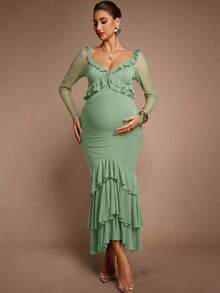 MaterniChic Maternity Solid Color Patchwork Ruffle Long Sleeve Elegant Dress - Green - View 3
