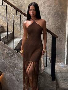 SHEIN BAE European And American Style Sexy Halter Neck Elastic Knit Tassel Fitted Slimming Backless Dress - Coffee Brown - View 7
