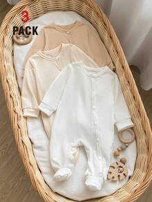 SHEIN Vintaside Kids 3 Pieces Set Newborn Baby Jumpsuit, Infant Boys & Girls Long Sleeve Footed Crawler Suit, Home Wear - Khaki - View 5