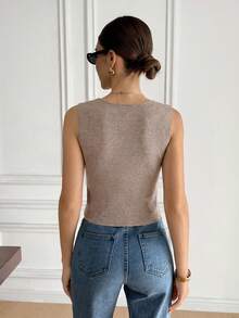 Serisse Casual Versatile Solid Color Knit Vest - Khaki - View 2