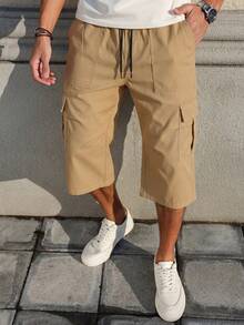 Manfinity Homme Men's Solid Color Drawstring Waist Casual Cargo 7/10 Pants - Khaki - View 4