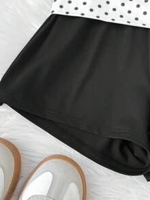 SHEIN Tween女孩修身休閒波點拼接純色短褲，適合夏季 - 黑色 - 查看 3