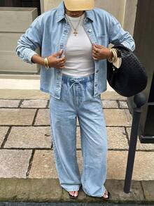 SHEIN 2Pcs Teen Girl Loose-Fitting Long-Sleeved Shirt And Adjustable Drawstring Jeans Black To School - Blue - View 3