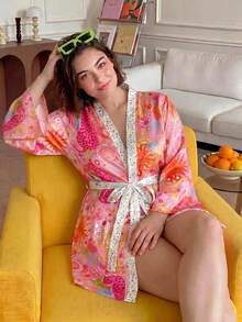 Chillnights Casual Colorful Sun Face Leopard Contrast Polka Dot Print Satin Plus Size Robe - Multicolor - View 4