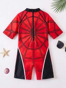 SHEIN 兒童小男孩 3D 圖案柔軟舒適連帽連身泳裝罩衫，適合海灘度假 - 紅色 - 查看 3