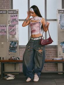 DareSee 1 pieza Bolso de hombro de mujer con decoración de remaches en estilo gótico Y2K, de corte cuadrado retro. Adecuado para el uso diario y combina perfectamente con festivales de música y estilo de rock. - Burdeos - Ver 2
