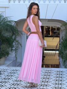 Sindi Myftari Women's Elegant V-Neck Camisole And High Waist Mesh Skirt 2-Piece Set, Spring/Summer Pink - Pink - View 5
