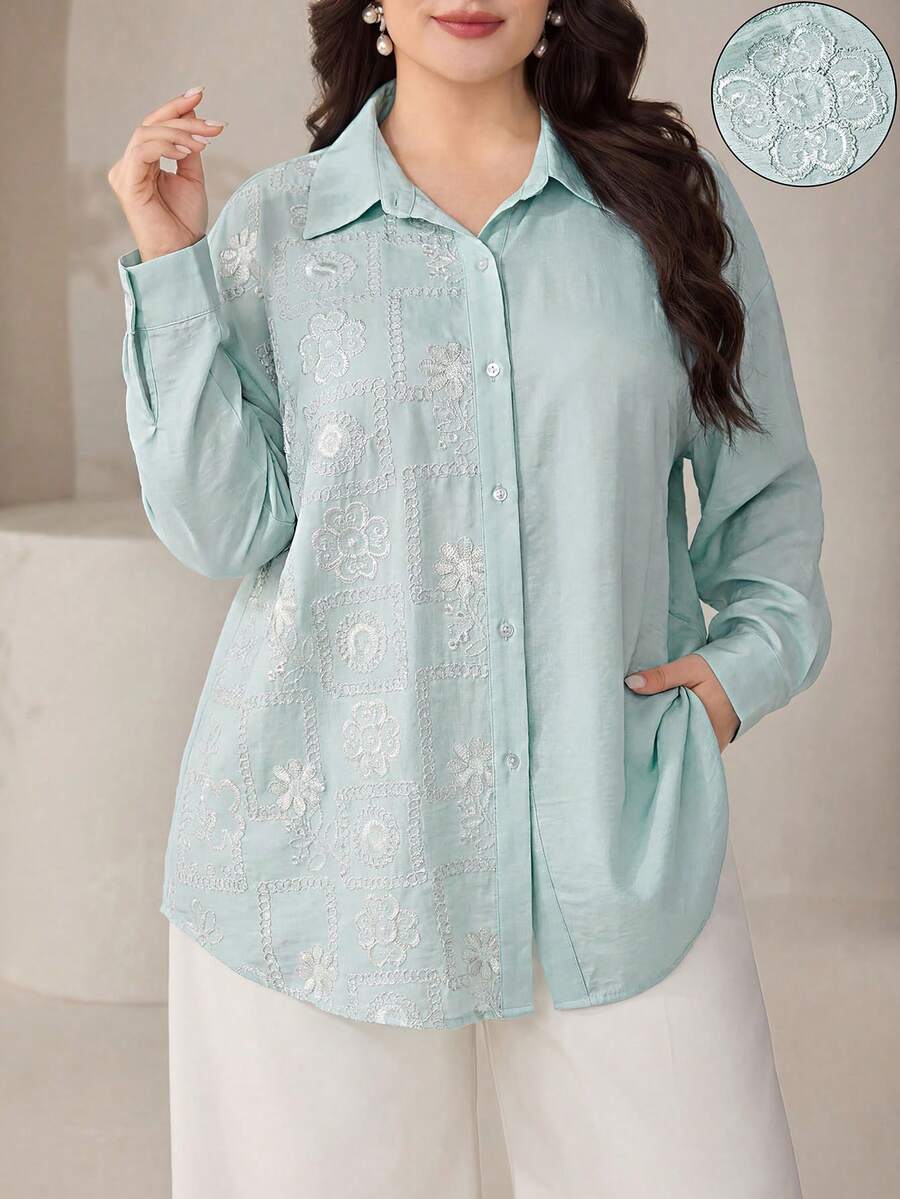 Veilorie 大尺碼刺繡圖案長袖襯衫 - 藍色 - 查看 1