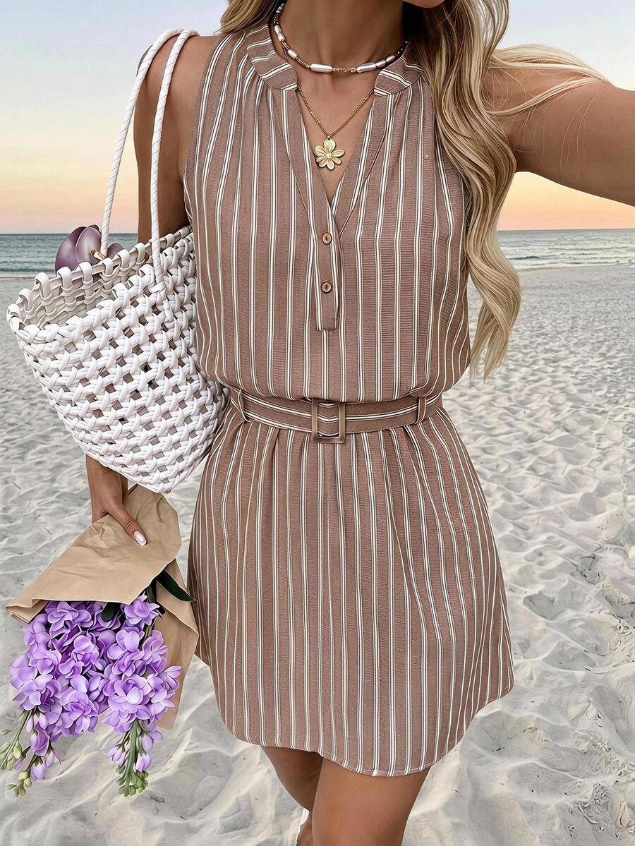 SHEIN LUNE Women's Casual Brown And White Polka Dot V-Neck Summer Vacation Commute Daily Basic Fashion Outing Outfit Sleeveless Short Dress Office Summer Outfits