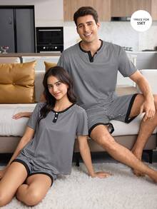 CoupledUp Men's Striped Print Colorblock Patchwork Short Sleeve & Shorts Pajama Set - Black and White - View 1