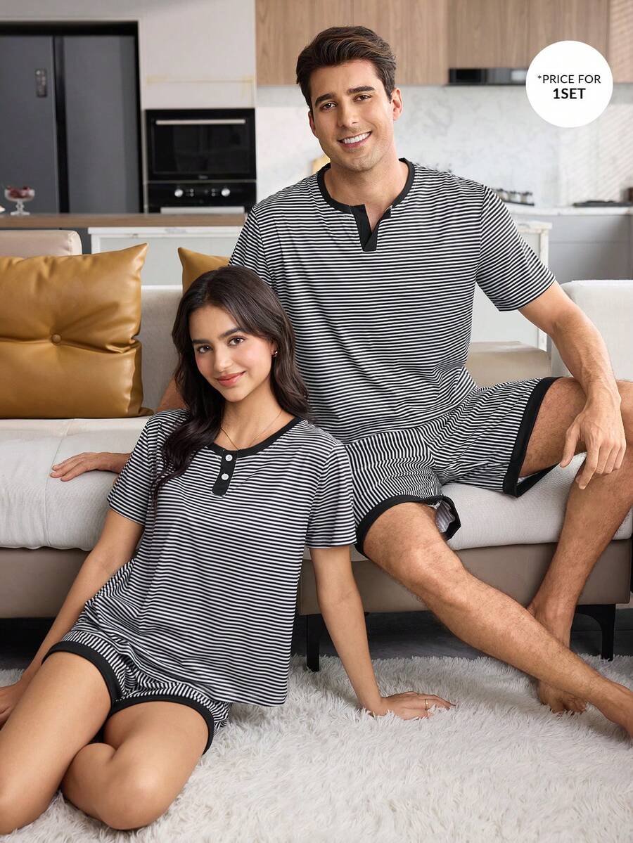 CoupledUp Men's Striped Print Colorblock Patchwork Short Sleeve & Shorts Pajama Set - Black and White - View 1