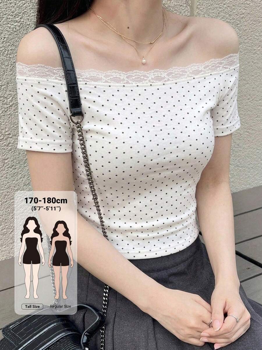 Dazy Tall 女款高個子長袖圓點蕾絲拼接休閒T恤,適合高個子女孩 - 黑與白 - 查看 1