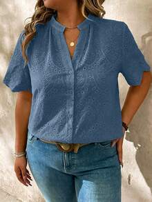 SHEIN LUNE CURVE 大尺碼短袖刺繡鏤空布料襯衫 - 藍色 - 查看 5