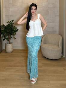 hhfernanda 女款休閒優雅度假海灘海邊亮片刺繡風藍色亮片裝飾魚尾下擺美人魚裙夏季度假服 - 藍色 - 查看 5