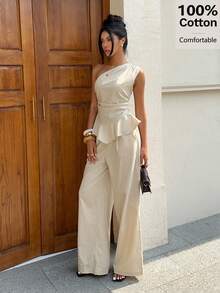 Siren Gaze Women's 100 Cotton Asymmetrical Sleeveless Ruffled Top + Casual Elegant Wide-Leg Trousers Set, Summer Two Pieces Vacation Beige Brunch - Apricot - View 8