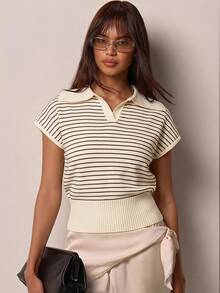 COSMINA Women's Knit Top With Collar And Black And White Striped Pattern Back-To-School School Summer Casual - Multicolor - View 3