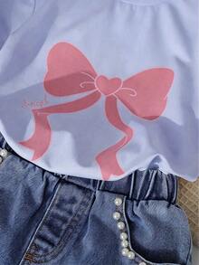 SHEIN Playful Pals 女童夏季新款蝴蝶結印花短袖T恤上衣 + 蝴蝶刺繡短褲 2件套 - 淡紫色 - 查看 4