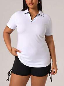 Gameset SHEIN Sport 女款大尺碼翻領短袖休閒健身運動T恤 - 白色 - 查看 3