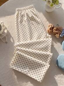Elamini Pantalones de pierna ancha rectos de cintura baja con cordón y estampado de lunares color albaricoque para mujer, estilo bohemio elegante para vacaciones de verano, uso diario versátil, minimalista vintage para ir al trabajo - Albaricoque - Ver 2