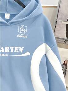 SHEIN 青少年女孩針織拼色字母印花寬鬆休閒連帽衛衣 - 藍色 - 查看 4