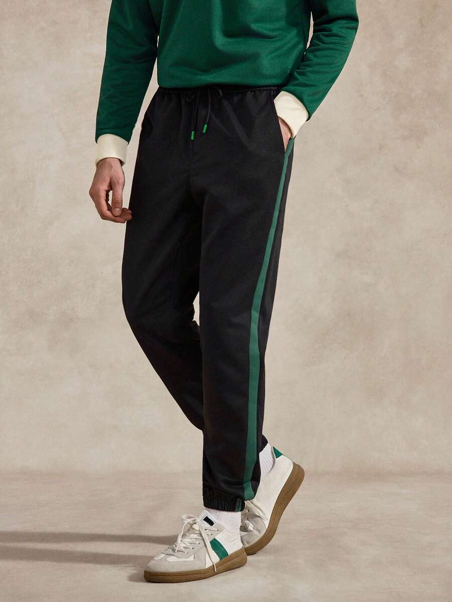 Courvante Men Contrast Side Seam Drawstring Waist Pants Long Color Block Plain Black Going Out, Fall - Black - View 1
